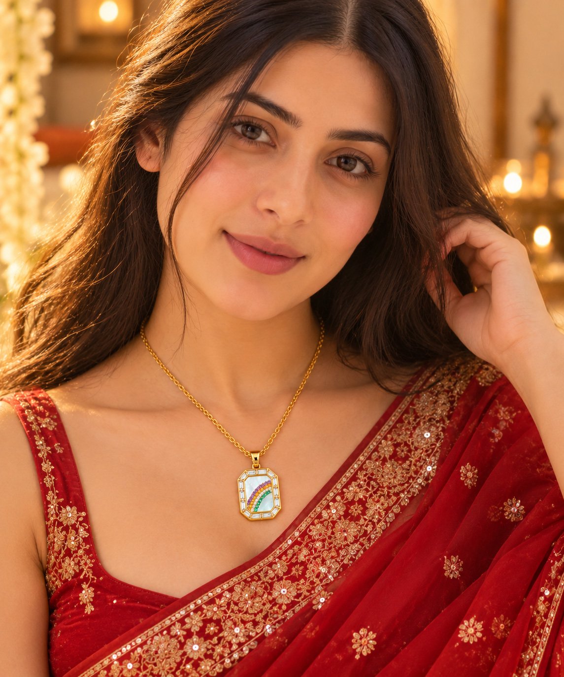 Model in a red saree wearing the VAKEZO Rainbow Crystal Tag Pendant Necklace