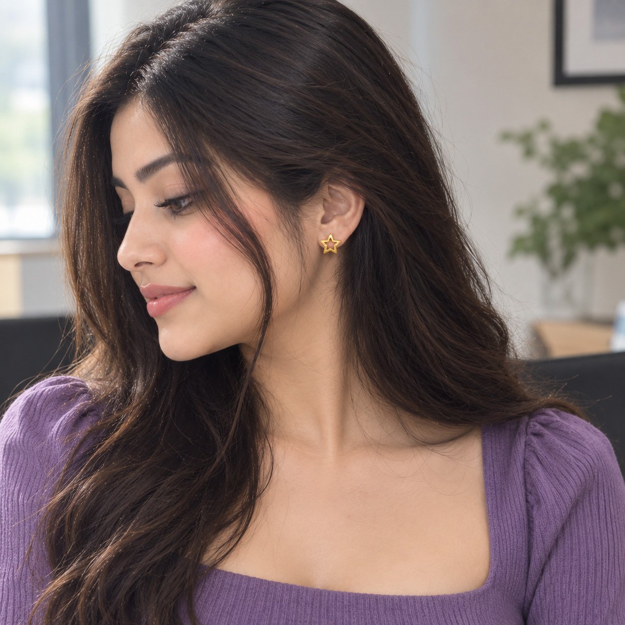 Model wearing VAKEZO open star gold stud earrings