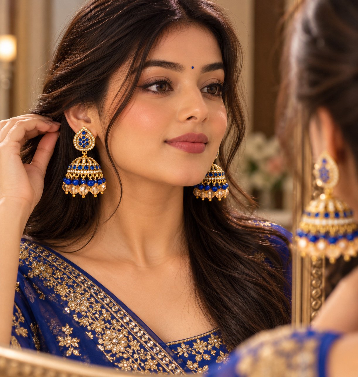 Model in a blue saree wearing VAKEZO royal blue crystal dome jhumkas