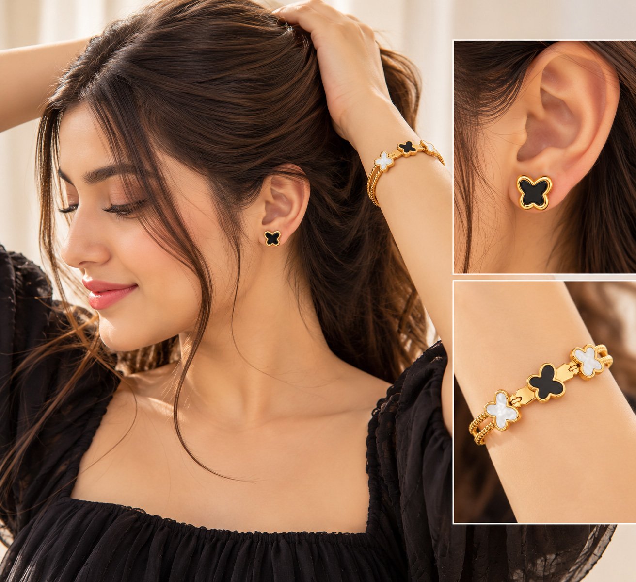 Model wearing VAKEZO black butterfly stud earrings with a matching butterfly bracelet